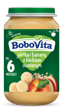 Słoik BoboVita jabłka i banany z kleikiem owsianym, zielona etykieta z owocami, widok z przodu.