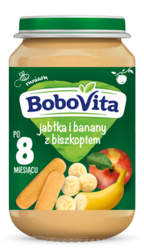 Frontalny widok słoiczka BoboVita, deser jabłko, banan i biszkopt dla niemowląt po 8 miesiącu.