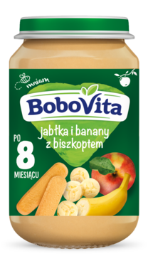 Frontalny widok słoiczka BoboVita, deser jabłko, banan i biszkopt dla niemowląt po 8 miesiącu.