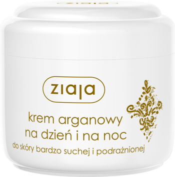 Ziaja krem arganowy dzień noc, biały słoiczek ze złotymi detalami, widok z przodu, dla suchej skóry.