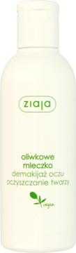 Biała butelka Ziaja z zielonym logo i napisem: oliwkowe mleczko do demakijażu oczu i twarzy, widok przód.
