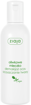 Biała butelka Ziaja Oliwkowe Mleczko, płyn do demakijażu oczu i oczyszczania twarzy. Zielony napis vegan.