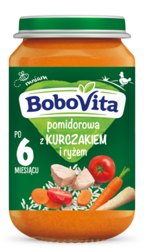 BoboVita zupka pomidorowa z kurczakiem i ryżem, dla niemowląt po 6 miesiącu, słoik z zieloną nakrętką, widok z przodu.