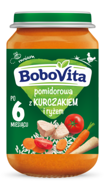 BoboVita zupka pomidorowa z kurczakiem i ryżem, dla niemowląt po 6 miesiącu, słoik z zieloną nakrętką, widok z przodu.