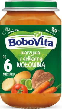 Słoiczek BoboVita obiadek dla niemowląt po 6 miesiącu, warzywa z wołowiną, widok z przodu, zielona etykieta.