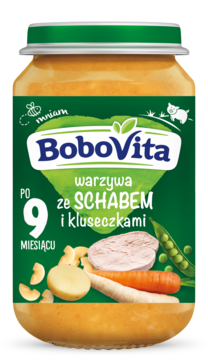 BoboVita: obiadek warzywa ze schabem i kluseczkami dla niemowląt po 9 m., słoik z zieloną etykietą, widok z przodu.