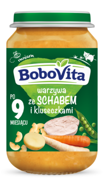 BoboVita: obiadek warzywa ze schabem i kluseczkami dla niemowląt po 9 m., słoik z zieloną etykietą, widok z przodu.