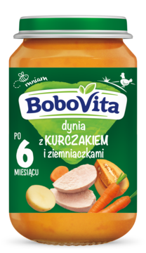 Słoik BoboVita, obiadek dynia z kurczakiem i ziemniaczkami dla niemowląt po 6. miesiącu, zielona etykieta.