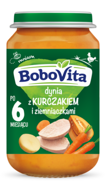 Słoik BoboVita, obiadek dynia z kurczakiem i ziemniaczkami dla niemowląt po 6. miesiącu, zielona etykieta.