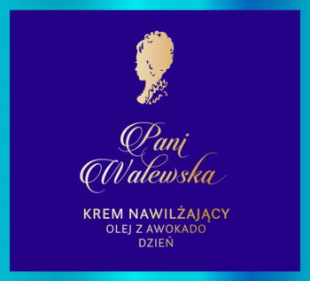 Etykieta kremu nawilżającego Pani Walewska Dzień w kolorze granatowym ze złotymi literami i portretem.