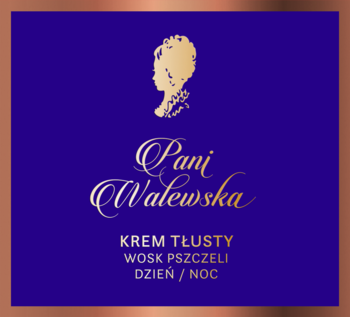 Pani Walewska krem tłusty z woskiem pszczelim, fioletowa etykieta ze złotym napisem i profilem kobiety, na dzień/noc.
