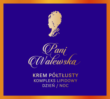 Etykieta kremu Pani Walewska Półtłustego Dzień/Noc: granatowa z złotą ramką i wizerunkiem kobiety.
