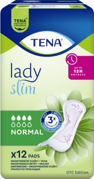 TENA Lady Slim normalne wkładki na nietrzymanie moczu, opakowanie 12 sztuk, widok z przodu, ochrona 12h.