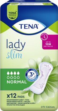 TENA Lady Slim normalne wkładki na nietrzymanie moczu, opakowanie 12 sztuk, widok z przodu, ochrona 12h.