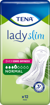 TENA Lady Slim podpaski, normalna chłonność (4 krople), zielono-niebieskie opakowanie 12 szt., widok z przodu.