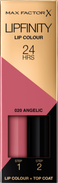 Max Factor Lipfinity 020 Angelic, pomadka dwuetapowa w różowo-złotym opakowaniu, widok z przodu.