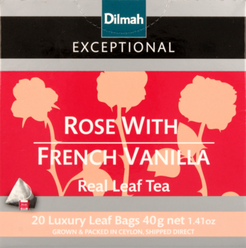 Czerwono-czarne opakowanie herbaty Dilmah Rose With French Vanilla, 20 luksusowych torebek, widok z przodu.