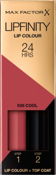 Opakowanie Max Factor Lipfinity Lip Colour 030 Cool 24H, złoto-czerwone, z widocznym dwuetapowym aplikatorem.