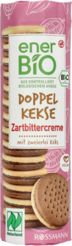 EnerBiO BIO podwójne ciastka z kremem z gorzkiej czekolady, dwa rodzaje, wegańskie, front opakowania.