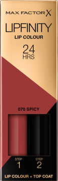 Max Factor Lipfinity Lip Colour 070 Spicy, opakowanie z ukośnym podziałem kolorów, widoczne pomadka i top coat.