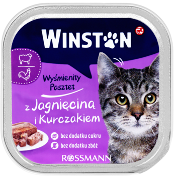 Z góry widok kwadratowego opakowania karmy Winston dla kotów: pasztet z jagnięciną i kurczakiem, bez cukru i zbóż.