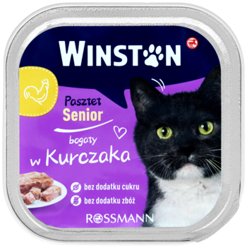 Winston Senior karma dla kota z kurczakiem, bez cukru/zbóż. Opakowanie z kotem, widok z góry.