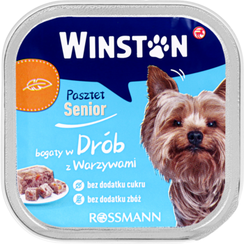 Kwadratowy Winston Pasztet Senior z drobiem i warzywami, bez cukru i zbóż, dla psa, z Yorkiem.