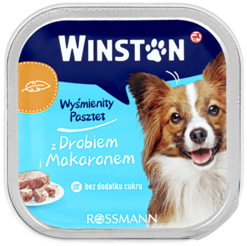 Opakowanie karmy dla psów Winston z drobiem i makaronem, niebieska etykieta z psem i kawałkami mięsa.