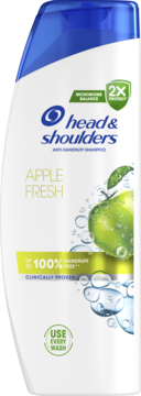 Biała butelka szamponu przeciwłupieżowego Head & Shoulders Apple Fresh, z przodu zielone jabłko i napisy.