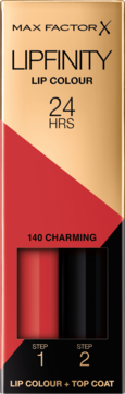 Max Factor Lipfinity Lip Colour 140 Charming, dwufazowa pomadka 24H, w złoto-czarno-czerwonym pudełku.