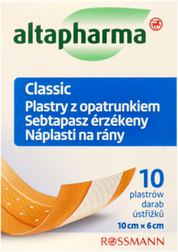 Front białego opakowania Altapharma Classic plastry z opatrunkiem, z zielonym logo i widocznymi pomarańczowymi plastrami.