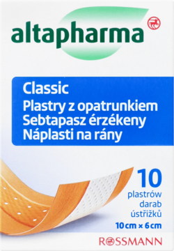 Altapharma Classic, białe opakowanie plastrów z opatrunkiem, z niebieskim napisem i brązowymi plastrami 10x6cm.