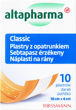 Altapharma Classic plastry z opatrunkiem, biało-niebieskie opakowanie z ilustracją beżowych plastrów, widok z przodu.