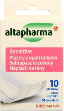 Białe opakowanie altapharma Sensitive plastry z opatrunkiem, 10 szt. 10x6 cm, z zielonym logo i różowym paskiem, widok z przodu.