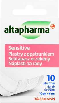 Altapharma Sensitive plastry z opatrunkiem, 10 sztuk, 10x6cm, białe pudełko z różowym pasem.
