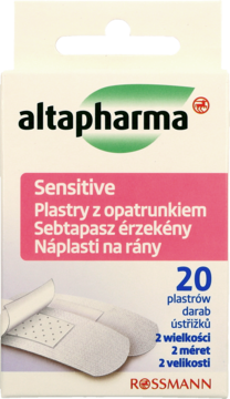 Altapharma Sensitive plastry z opatrunkiem, 20 sztuk w białym opakowaniu z zielonym logo, widok z przodu.