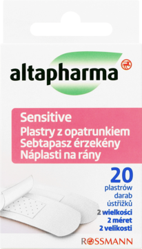 Biało-różowe opakowanie plastrów Altapharma Sensitive z opatrunkiem, 20 sztuk, 2 rozmiary.