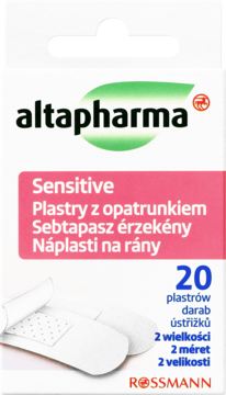 Białe pudełko altapharma Sensitive plastrów z opatrunkiem, 20 sztuk w 2 wielkościach, z różowym paskiem.