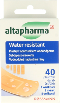 Opakowanie wodoodpornych plastrów altapharma w białym pudełku z pomarańczowymi plastrami i kroplami wody, widok z przodu.