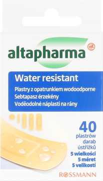 Altapharma Wodoodporne plastry 40 sztuk, biało-niebieskie pudełko z opaską z kroplami wody, widok z przodu.
