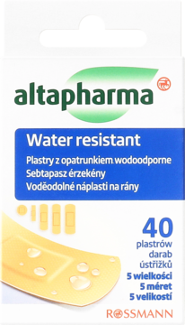 Altapharma wodoodporne plastry, białe pudełko z niebieskim napisem i grafiką żółtego plastra z kroplami wody, 40 sztuk.