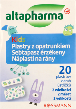 Białe opakowanie Altapharma Kids plastry z opatrunkiem, 20 sztuk, 2 rozmiary, z kreskówkowymi potworami.