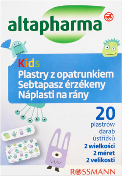 Biało-niebieskie opakowanie Altapharma Kids Plastry z opatrunkiem, 20 sztuk, 2 rozmiary, potwory, widok z przodu.