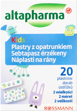 Niebiesko-białe opakowanie plastrów Altapharma Kids z potworami, 20 sztuk w 2 rozmiarach, widok z przodu.