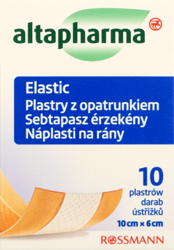 Białe opakowanie plastrów altapharma Elastic 10 szt. (10x6cm) z zielonym logo i zdjęciem dwóch beżowych plastrów.