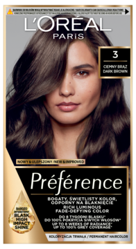 L'Oréal Paris Préférence, farba do włosów, odcień Ciemny Brąz nr 3, na pudełku kobieta z lśniącymi włosami.