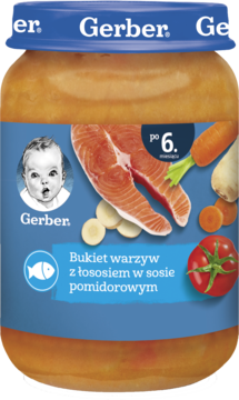 GERBER ,danie w słoiczku, Bukiet warzyw z łososiem w sosie pomidorowym, po 6.m-cu,przód