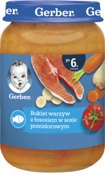 Gerber słoiczek: Bukiet warzyw z łososiem w sosie pomidorowym, dla niemowląt od 6 miesiąca, widok z przodu.