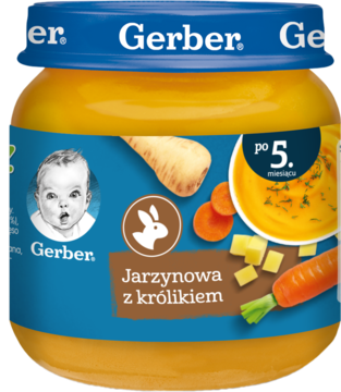 Słoiczek Gerber Jarzynowa z królikiem, jedzenie dla niemowląt po 5 miesiącu, z niebieską etykietą i warzywami.