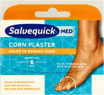 Salvequick MED Corn Plaster, pomarańczowo-niebieskie pudełko, widok z przodu, na odciski z kwasem salicylowym.
